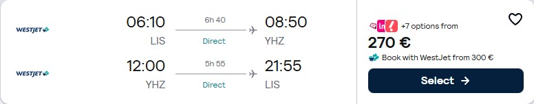 Click here to book this cheap flight deal. Non-stop flights from European cities to Halifax, Canada from only €270 roundtrip. Flight deal ticket image.