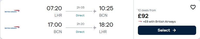 Click here to book this cheap flight deal. Non-stop flights from London, UK to Barcelona, Spain for only £92 roundtrip with British Airways. Flight deal ticket image.