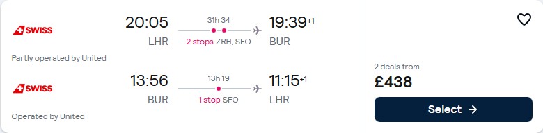 Click here to book this cheap flight deal. Cheap flights from London, UK to Burbank, California for only £438 roundtrip with Swiss International Air Lines and United Airlines. Flight deal ticket image.