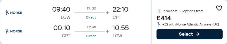Click here to book this cheap flight deal. Non-stop flights from London, UK to Cape Town, South Africa for only £414 roundtrip. Flight deal ticket image.