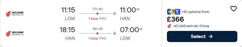 Click here to book this cheap flight deal. Cheap flights from London, UK to Hanoi, Vietnam for only £366 roundtrip. Flight deal ticket image.