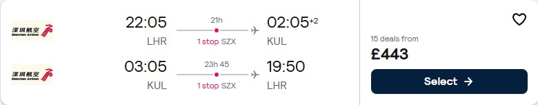 Click here to book this cheap flight deal. Cheap flights from London, UK to Kuala Lumpur, Malaysia for only £443 roundtrip. Flight deal ticket image.