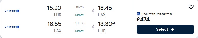 Non-stop, Christmas flights from London, UK to Los Angeles, USA for only £468 roundtrip with United Airlines. Flight deal ticket image.