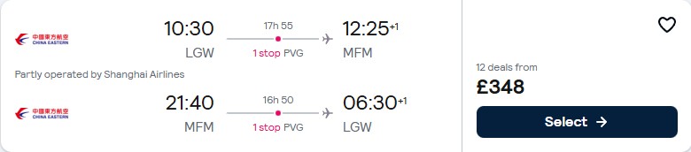 Click here to book this cheap flight deal. Cheap flights from London, UK to Macau, China for only £348 roundtrip. Flight deal ticket image.