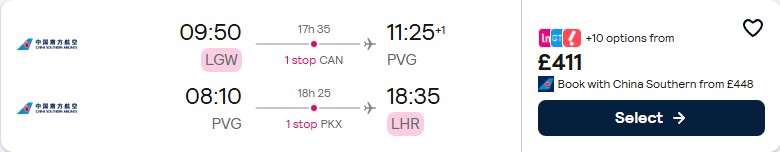 Cheap flights from London, UK to Shanghai, China for only £411 roundtrip. Flight deal ticket image.