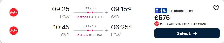 Cheap flights from London, UK to Sydney, Australia for only £575 roundtrip. Flight deal ticket image.