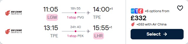 Click here to book this cheap flight deal. Cheap flights from London, UK to Taipei, Taiwan for only £332 roundtrip. Flight deal ticket image.