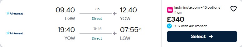 Non-stop flights from London, UK to Ottawa, Canada for only £341 roundtrip. Flight deal ticket image.