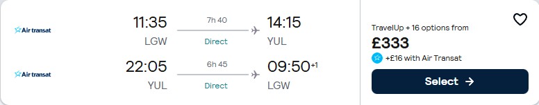 Click here to book this cheap flight deal. Non-stop flights from London, UK to Montreal, Canada for only £333 roundtrip. Flight deal ticket image.