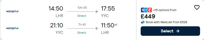 Click here to book this cheap flight deal. Non-stop flights from London, UK to Calgary, Canada for only £449 roundtrip. Flight deal ticket image.