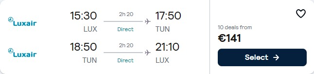 Click here to book this cheap flight deal. Non-stop flights from Luxembourg to Tunis, Tunisia for only €141 roundtrip. Flight deal ticket image.