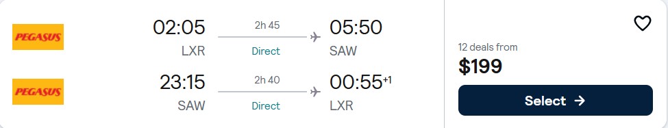 Non-stop, Christmas and New Year flights from Luxor, Egypt to Istanbul, Turkey for only $171 USD roundtrip. Flight deal ticket image.