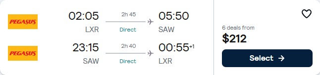 Click here to book this cheap flight deal. Non-stop, New Year flights from Luxor, Egypt to Istanbul, Turkey for only $212 USD roundtrip. Flight deal ticket image.