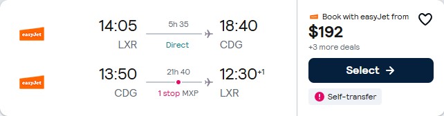 Click here to book this cheap flight deal. Cheap flights from Luxor, Egypt to Paris, France for only $192 USD roundtrip. Flight deal ticket image.