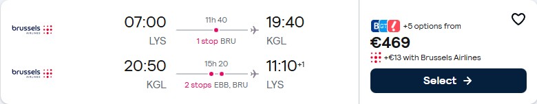 Click here to book this cheap flight deal. Cheap flights from French cities to Kigali, Rwanda from only €469 roundtrip with Brussels Airlines. Flight deal ticket image.