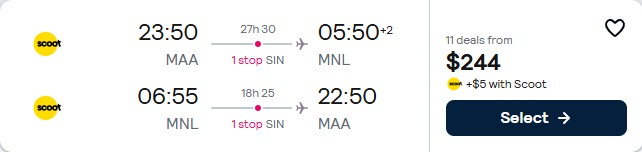 Cheap flights from Chennai, India to Manila, Philippines for only $244 USD roundtrip. Flight deal ticket image.
