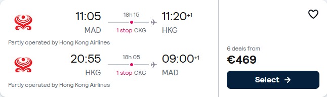 Click here to book this cheap flight deal. Cheap flights from Madrid, Spain to Hong Kong for only €469 roundtrip with Hainan Airlines. Flight deal ticket image.