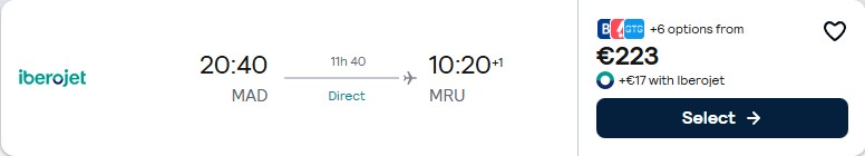 Click here to book this cheap flight deal. Non-stop flights from Madrid, Spain to Mauritius for only €223 one-way. Flight deal ticket image.