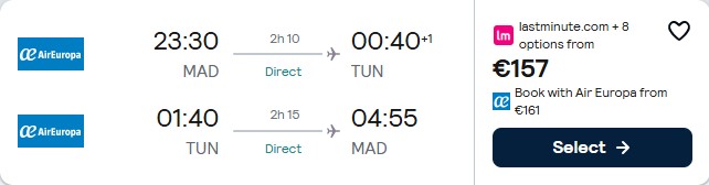 Click here to book this cheap flight deal. Non-stop flights from Madrid, Spain to Tunis, Tunisia for only €157 roundtrip with Air Europa. Flight deal ticket image.