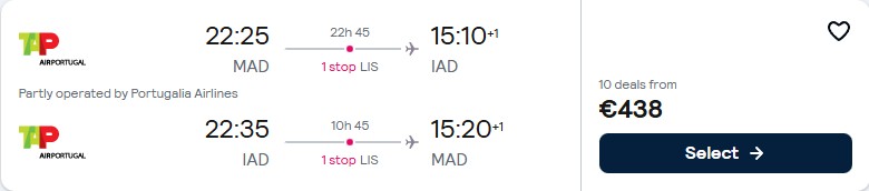 Click here to book this cheap flight deal. Cheap flights from Madrid, Spain to Washington DC, USA for only €438 roundtrip with TAP Air Portugal. Flight deal ticket image.