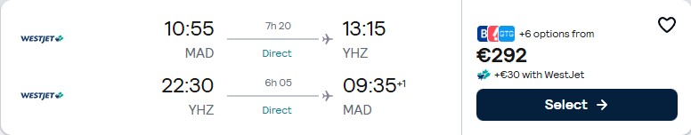 Click here to book this cheap flight deal. Non-stop flights from Madrid, Spain to Halifax, Canada for only €292 roundtrip. Flight deal ticket image.