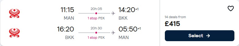 Cheap flights from Manchester, UK to Bangkok, Thailand for only £415 roundtrip with Hainan Airlines. Flight deal ticket image.