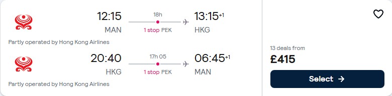 Click here to book this cheap flight deal. Cheap flights from Manchester, UK to Hong Kong for only £415 roundtrip with Hainan Airlines. Flight deal ticket image.
