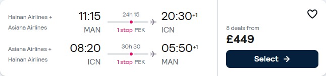 Click here to book this cheap flight deal. Cheap flights from Manchester, UK to Seoul, South Korea for only £449 roundtrip with Hainan Airlines and Asiana Airlines. Flight deal ticket image.