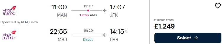 Click here to book this cheap flight deal. Double open-jaw flights from Manchester, UK to Eastern USA, returning from Jamaica to London, UK from only £1249 roundtrip with Delta Air Lines and Virgin Atlantic. Flight deal ticket image.