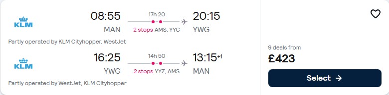 Click here to book this cheap flight deal. Cheap flights from Manchester, UK to Winnipeg, Canada for only £423 roundtrip with KLM. Flight deal ticket image.