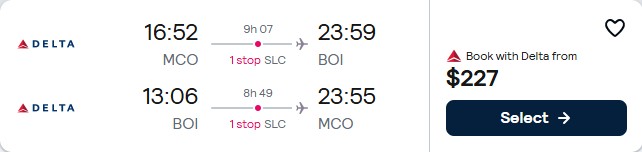 Click here to book this cheap flight deal. Summer flights from Orlando, Florida to Boise, Idaho for only $227 roundtrip with Delta Air Lines. Also works in reverse. Flight deal ticket image.