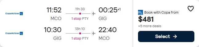 Summer flights from Orlando, Florida to Rio de Janeiro, Brazil for only $481 roundtrip with Copa Airlines. Flight deal ticket image.