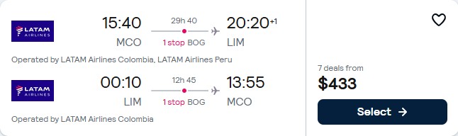 Click here to book this cheap flight deal. Cheap flights from Orlando, Florida to Lima, Peru for only $433 roundtrip with LATAM Airlines. Flight deal ticket image.