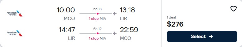 Click here to book this cheap flight deal. Cheap flights from Orlando, Florida to Liberia, Costa Rica for only $276 roundtrip with American Airlines. Flight deal ticket image.