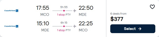 Summer flights from Orlando, Florida to Medellin, Colombia for only $377 roundtrip with Copa Airlines. Flight deal ticket image.