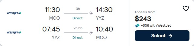 Click here to book this cheap flight deal. Non-stop flights from Orlando, Florida to Toronto, Canada for only $243 roundtrip. Flight deal ticket image.
