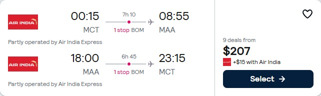 Click here to book this cheap flight deal. Cheap flights from Muscat, Oman to Chennai, India for only $207 USD roundtrip. Flight deal ticket image.