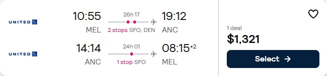 Click here to book this cheap flight deal. Summer flights from Melbourne, Australia to Anchorage, Alaska for only $1321 AUD roundtrip with United Airlines. Flight deal ticket image.