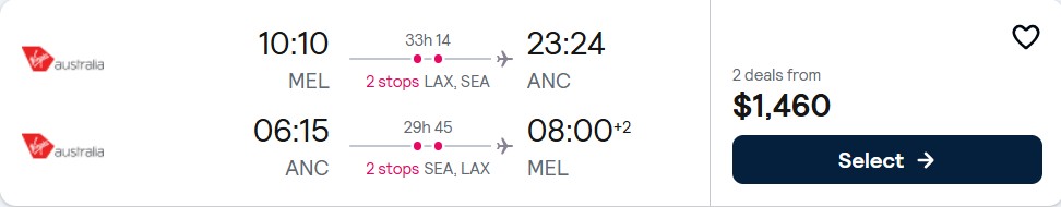 Click here to book this cheap flight deal. Cheap flights from Melbourne, Australia to Anchorage, Alaska for only $1460 AUD roundtrip with Virgin Australia. Flight deal ticket image.