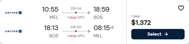 Click here to book this cheap flight deal. Summer flights from Melbourne, Australia to Boston, USA for only $1372 AUD roundtrip with United Airlines. Flight deal ticket image.