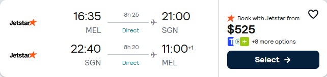 Click here to book this cheap flight deal. Non-stop flights from Melbourne, Australia to Ho Chi Minh City, Vietnam for only $525 AUD roundtrip with Jetstar. Flight deal ticket image.