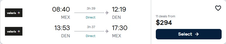Click here to book this cheap flight deal. Non-stop flights from Mexico City, Mexico to Denver, Colorado for only $294 USD roundtrip. Flight deal ticket image.