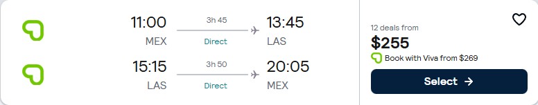 Cheap flights from Mexico City, Mexico to Las Vegas, USA for only $255 USD roundtrip. Flight deal ticket image.
