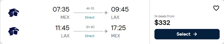 Click here to book this cheap flight deal. Non-stop flights from Mexico City, Mexico to Los Angeles, USA for only $305 USD roundtrip with Aeromexico. Flight deal ticket image.