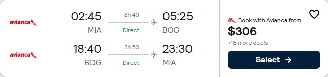 Click here to book this cheap flight deal. Non-stop, summer flights from Miami to Bogota, Colombia for only $306 roundtrip with Avianca. Flight deal ticket image.