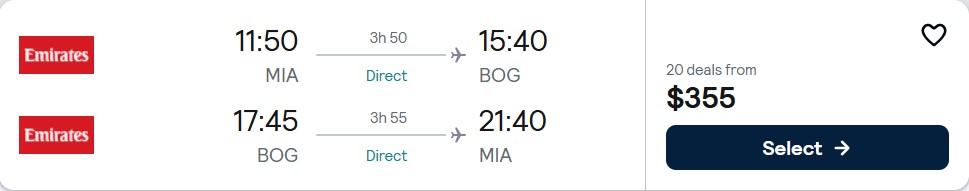 Non-stop flights from Miami to Bogota, Colombia for only $355 roundtrip with Emirates. Flight deal ticket image.