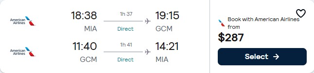 Non-stop flights from Miami to the Cayman Islands for only $287 roundtrip with American Airlines. Flight deal ticket image.