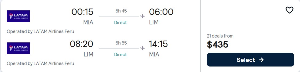 Non-stop flights from Miami to Lima, Peru for only $435 roundtrip with LATAM Airlines. Flight deal ticket image.