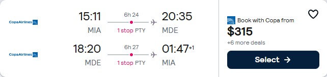 Click here to book this cheap flight deal. Summer flights from Miami to Medellin, Colombia for only $315 roundtrip with Copa Airlines. Flight deal ticket image.