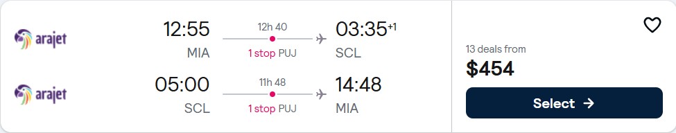 Click here to book this cheap flight deal. Cheap flights from Miami to Santiago, Chile for only $454 roundtrip. Flight deal ticket image.